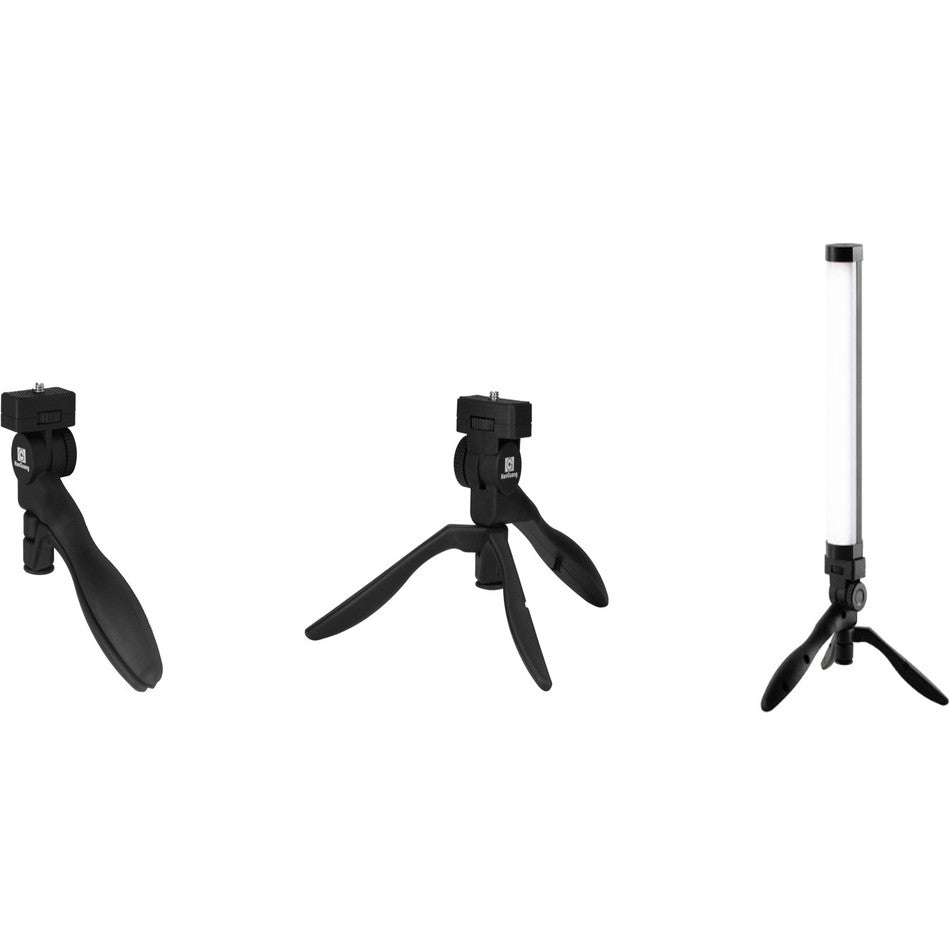 Three views of a compact black tripod with extendable legs and top mounting head, shown from different angles to display its compact and expanded configurations.