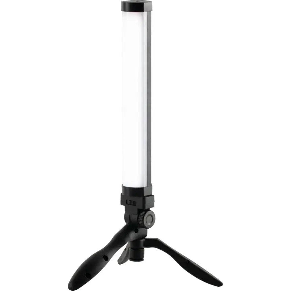 Front view of a compact black tripod with an extended vertical light fixture on top, featuring a three-legged base and adjustable mounting head.