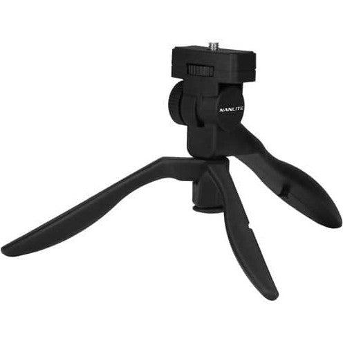 Black compact tripod with folded legs and ball head mount, shown from the side against a white background.