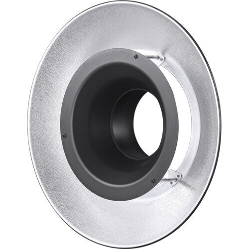 Front view of a silver reflector dish showing the interior reflective surface and central circular opening with mounting bracket.