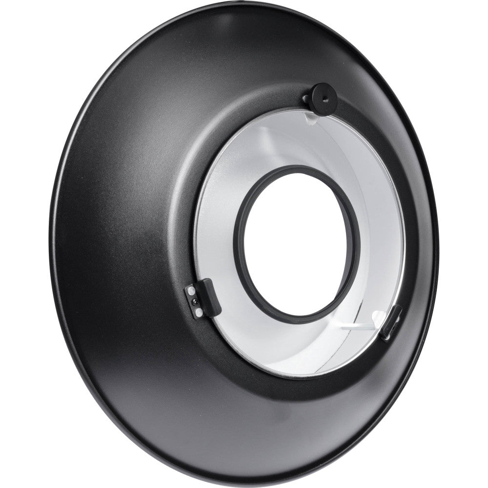 Black reflector dish with silver interior and mounting ring, shown from front view against white background.