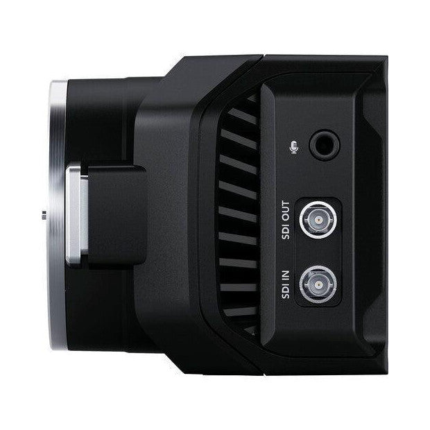 Right side view of BlackMagic Micro Studio Camera 4K showing SDI connectors, power button, and cooling vents on black body.