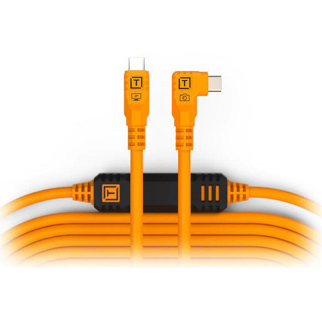 Two orange USB-C cables with connectors displayed above coiled orange cable, showing the angled right-angle connector design against a white background.