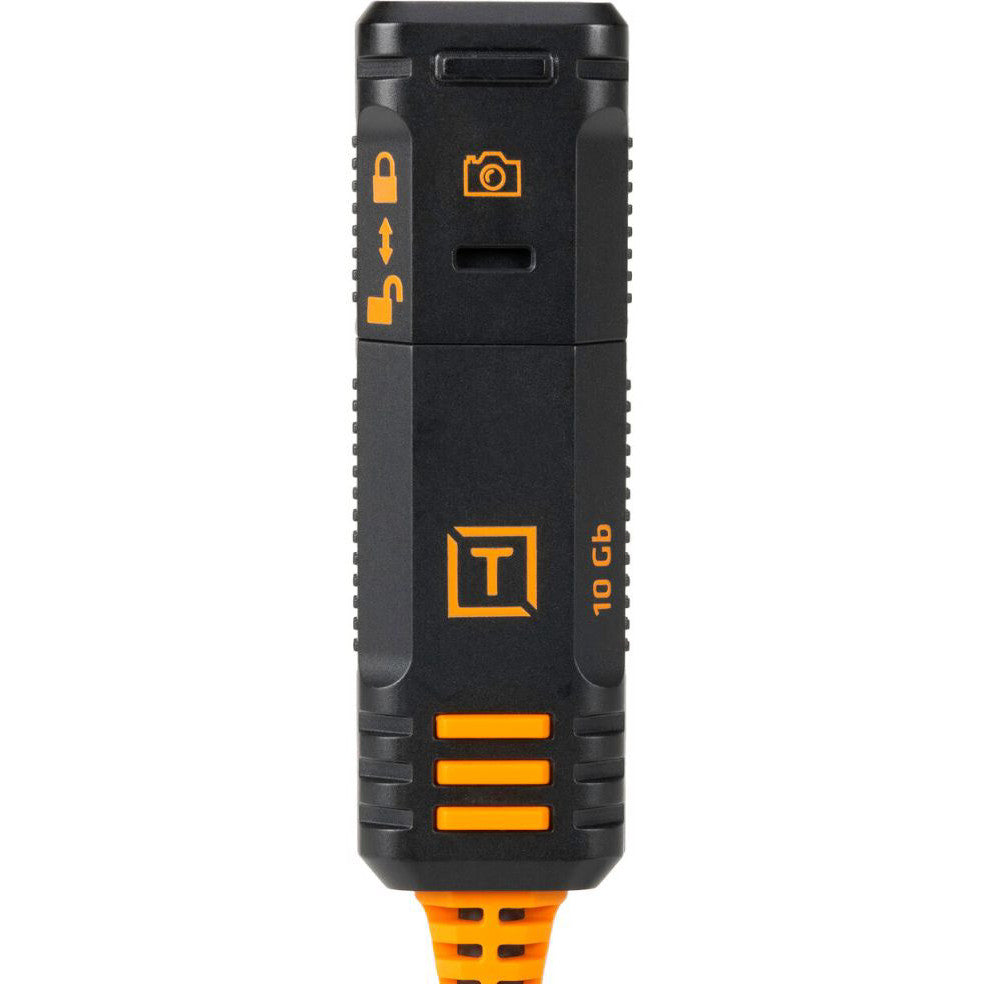 Black and orange USB-C cable connector with tether lock mechanism, shown against white background, front view displaying branding and control icons.
