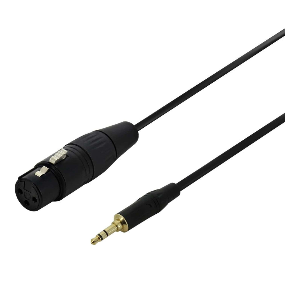 Black audio cable with female XLR connector on left and 3.5mm jack on right, shown at diagonal angle against white background.