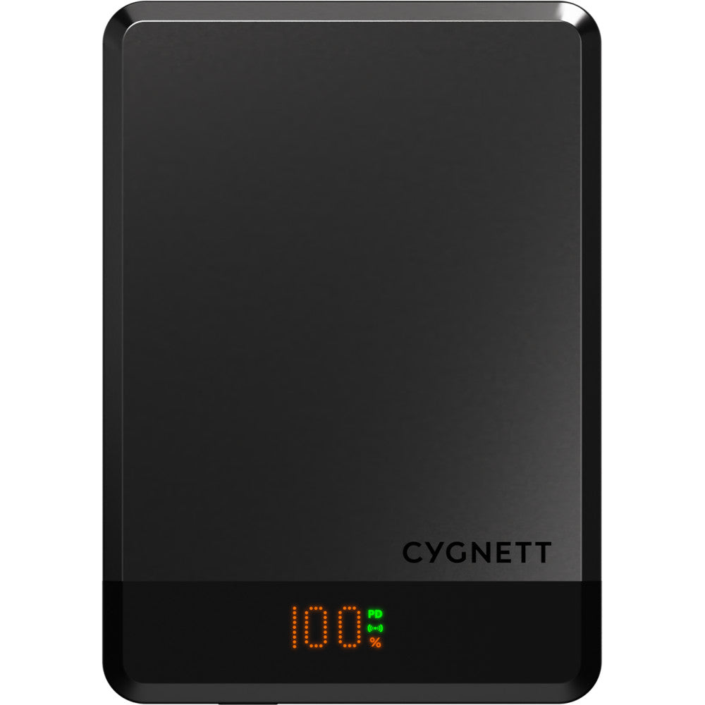 Black rectangular Cygnett power bank shown from the front, displaying 100% battery charge on orange LED screen with green indicator lights.