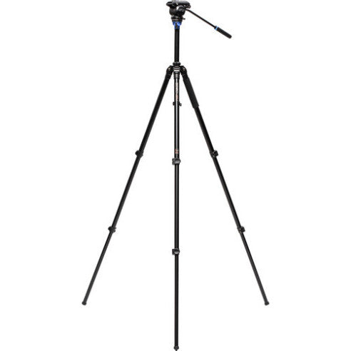 Black aluminum video tripod with fluid head shown from front view against white background, legs extended in stable position.