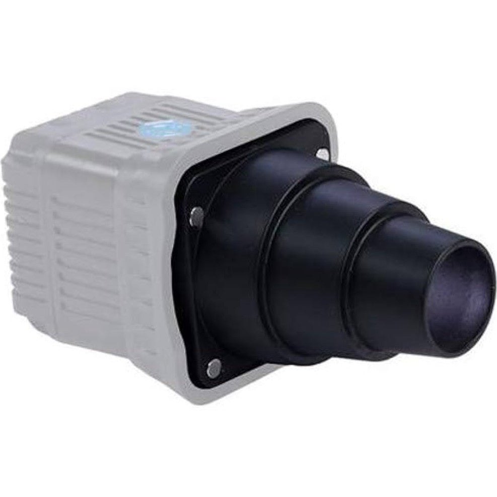 Gray compact light with black cylindrical snoot attachment shown in side angle view against white background.