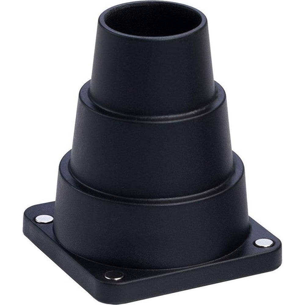 Black conical light modifier with three nested cone sections and square mounting base with metal fasteners, shown at three-quarter angle against white background.