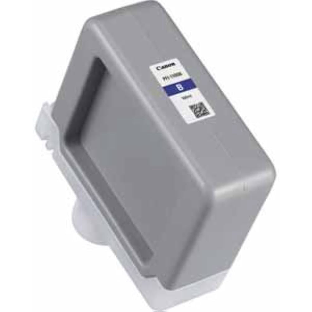 Canon PFI-1100 blue ink tank shown at an angle against white background, displaying product label and white connector piece.