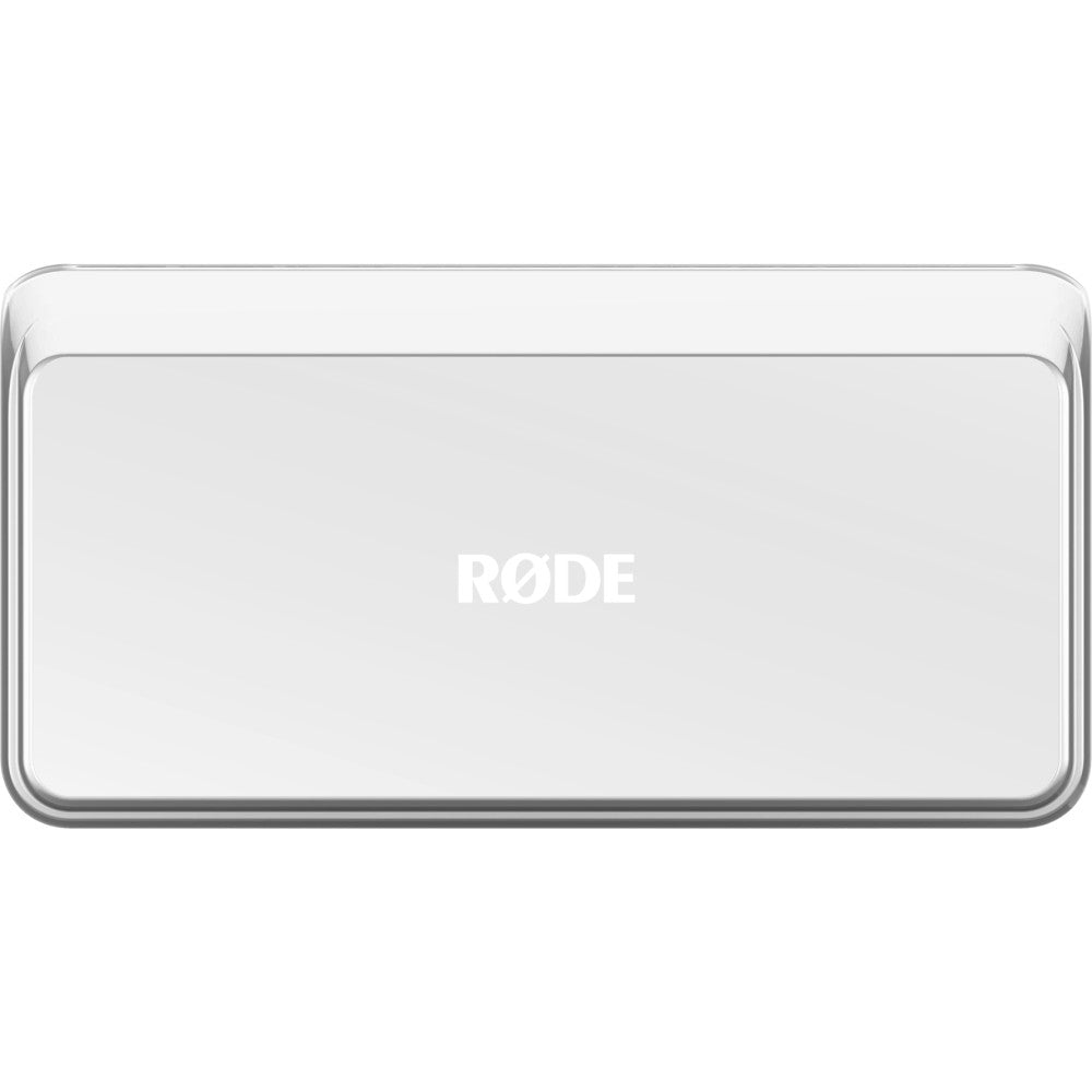 White protective cover for Rode Caster Video S shown from above at an angle, displaying the top surface with RODE branding and rounded edges.