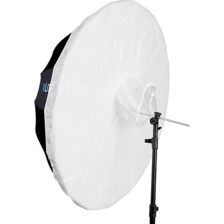 Large white translucent umbrella diffuser mounted on a stand, shown from a side angle with black backing visible behind the diffuse fabric.
