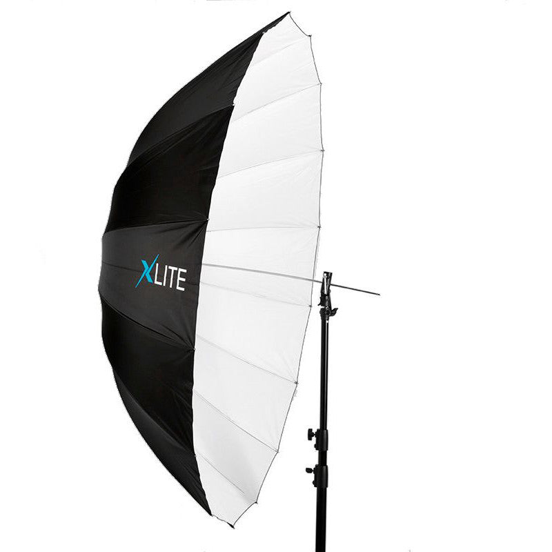 Large translucent umbrella with white diffusion panel and black backing mounted on stand, shown from side angle against white background.