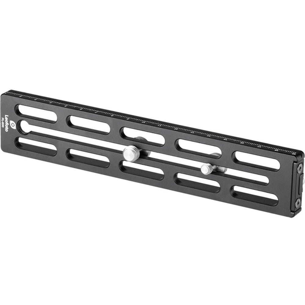 Black aluminum Arca-style quick release plate with elongated mounting slots and adjustment knobs, shown from angled side view.