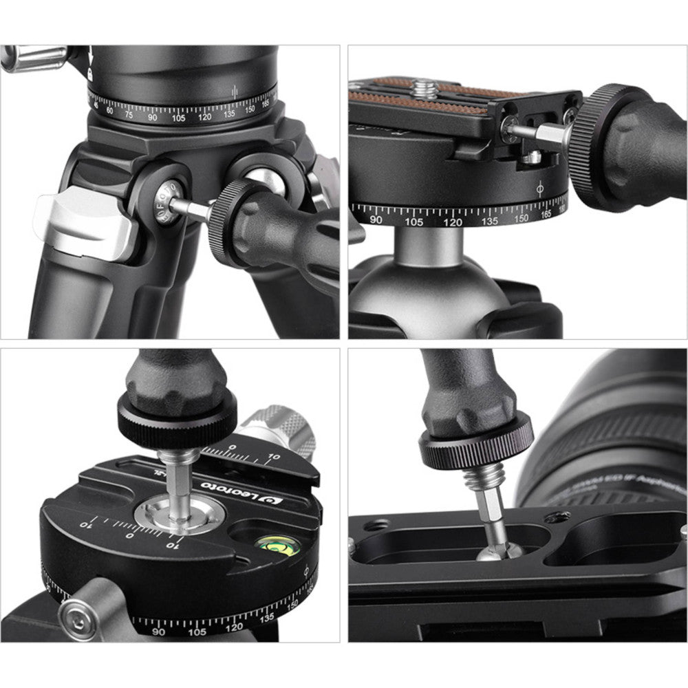 Four close-up views of the Leofoto LMT-10 Multi-Tool Kit showing adjustment knobs, leveling bubble, pan handles, and mounting details from different angles.