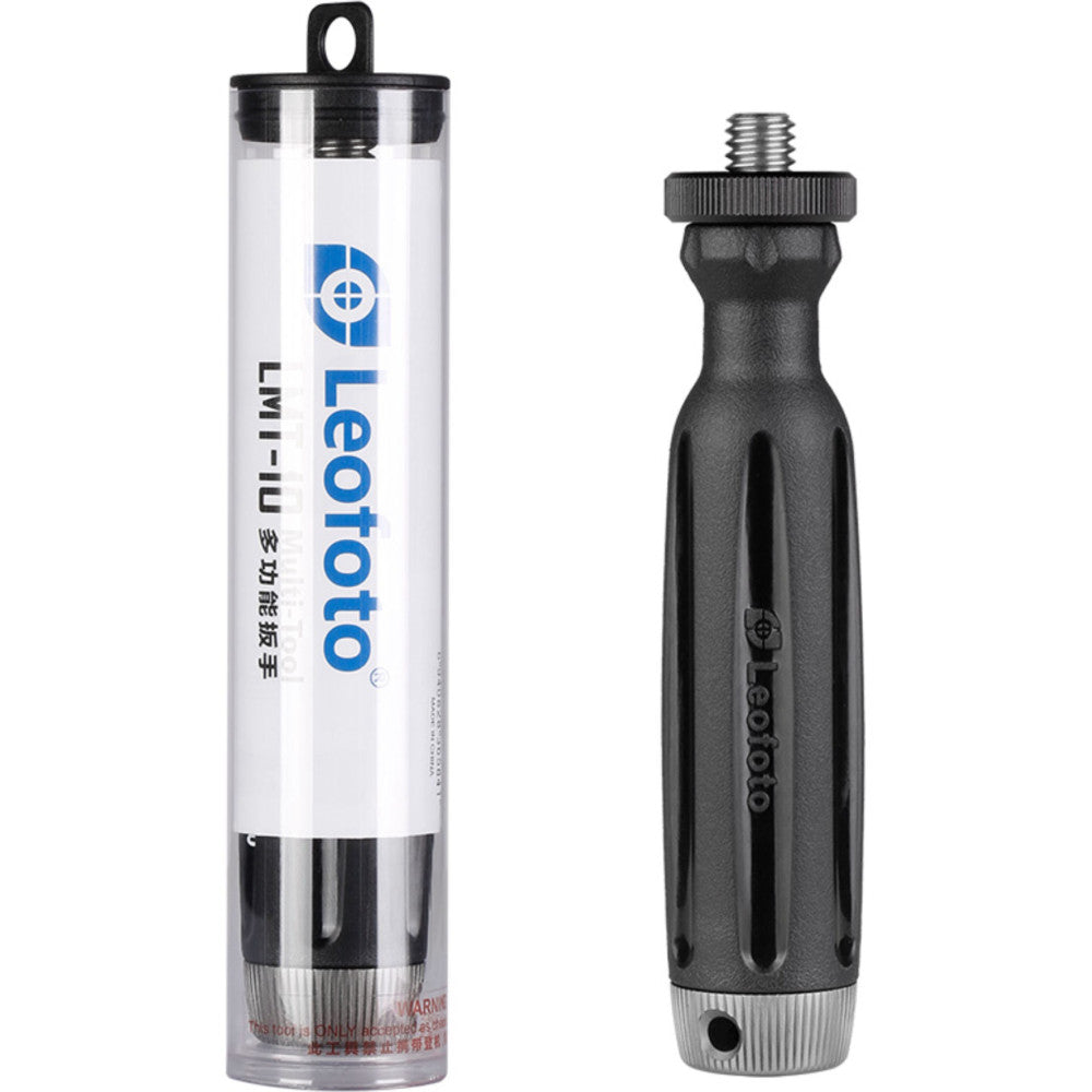 Leofoto LMT-10 Multi-Tool Kit displayed flat lay showing cylindrical case with blue logo and black handheld tool with threaded mount.