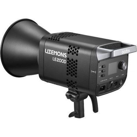 Black Godox Litemons LE300 LED light shown at a three-quarter angle, displaying the reflector, cooling vents, and control panel on the side.
