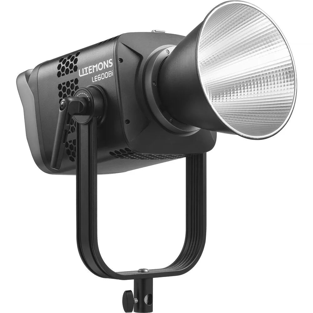 Professional LED light fixture shown at three-quarter angle with reflector dish extended, mounted on stand against white background.