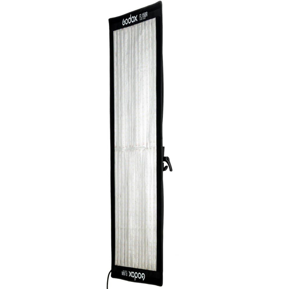 Godox flexible LED light panel with vertical orientation, showing front face with fluorescent tubes and black frame against white background.