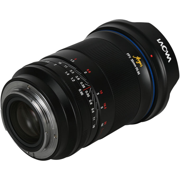 Black Laowa Argus 35mm f/0.95 lens shown from a three-quarter angle, displaying the front glass element, focus ring with distance markings, and Sony FE mount.