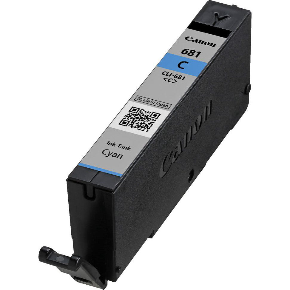 Canon CLI-681 cyan ink tank shown at an angle against white background, displaying label and QR code.