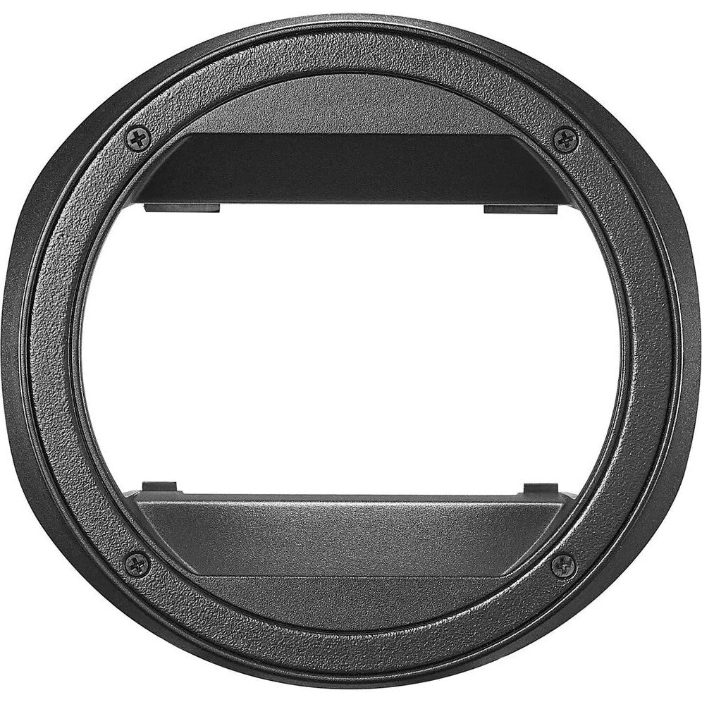 Front view of a black circular metal adapter ring with textured surface and four mounting screws visible around the perimeter.
