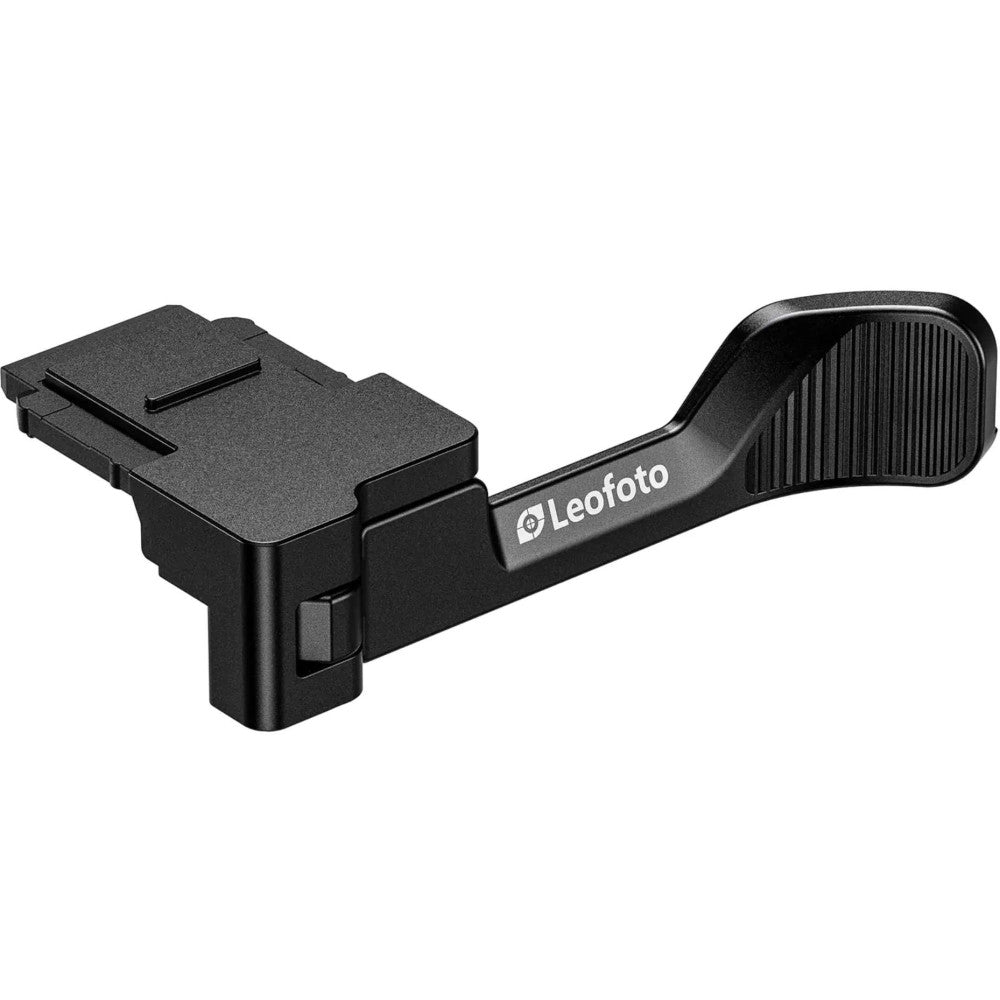 Black Leofoto thumb grip shown from side angle, displaying the curved ergonomic handle and camera mounting plate against white background.