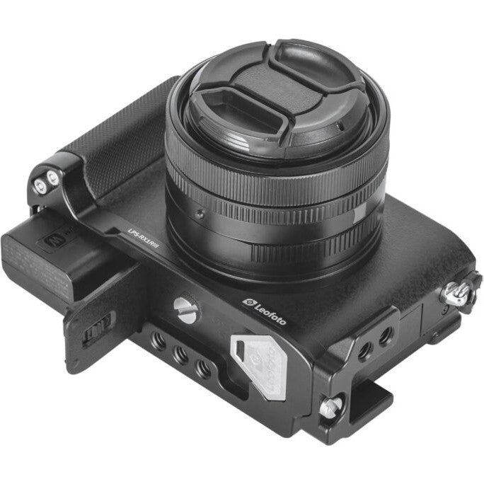 L-bracket mounted on Sony RX1RIII camera, shown from three-quarter angle displaying left side and top of the black aluminum bracket.