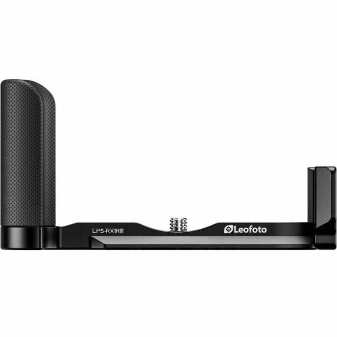 Black L-bracket shown from the side view with textured grip handles on left and right ends, displaying the Leofoto branding on the central bar.