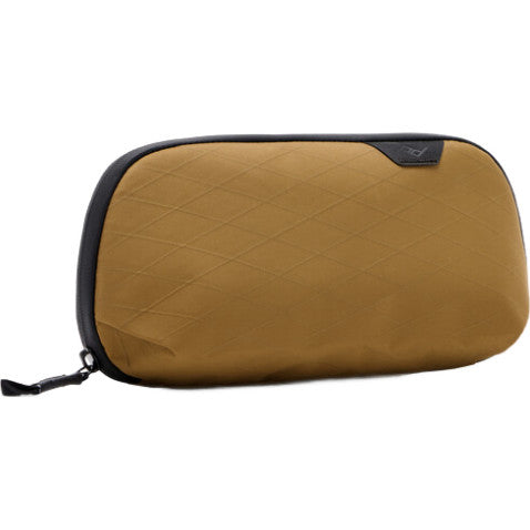 Coyote brown tech pouch with black trim and zipper, shown from a three-quarter front angle against a white background.