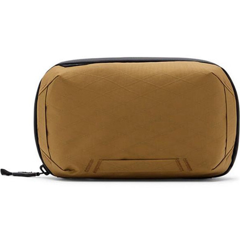 Coyote-colored rectangular tech pouch with black trim and zipper, shown from front angle against white background.