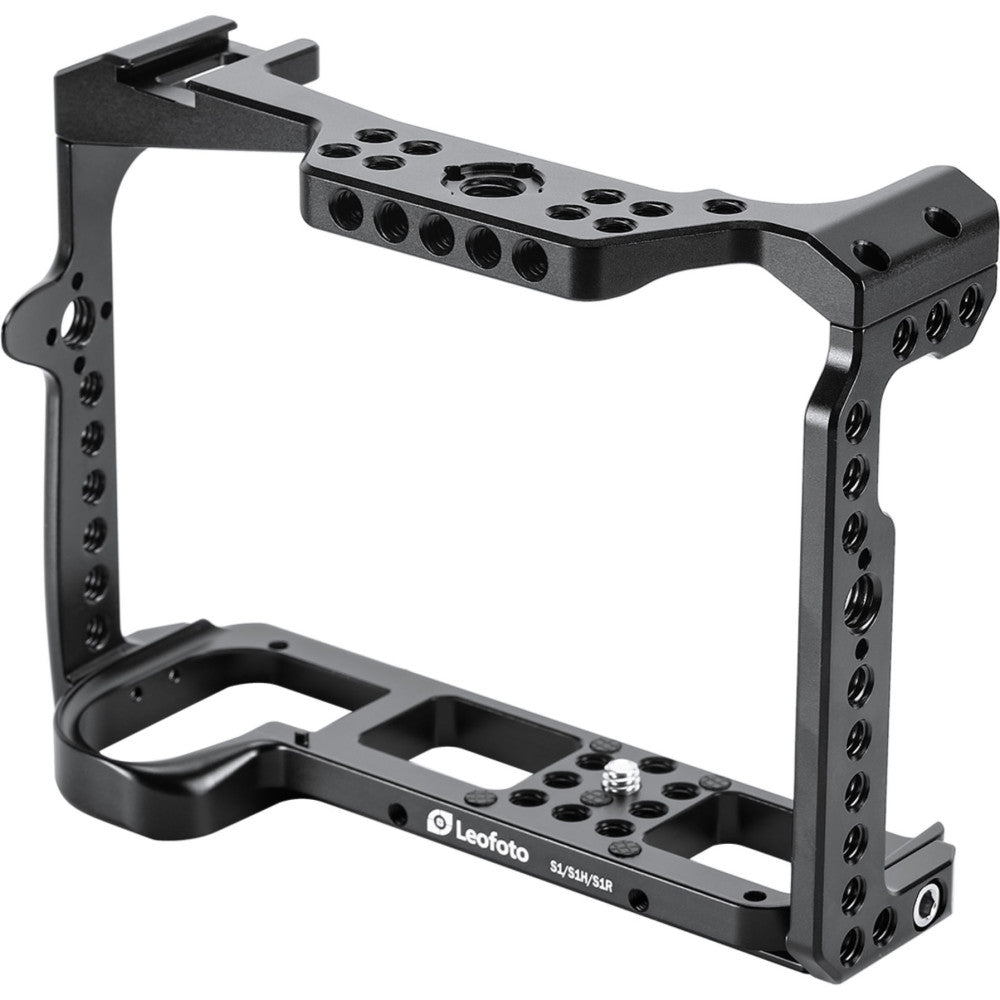 Black aluminum camera cage frame shown from isometric angle, displaying mounting points and top handle for Panasonic S1 series cameras.