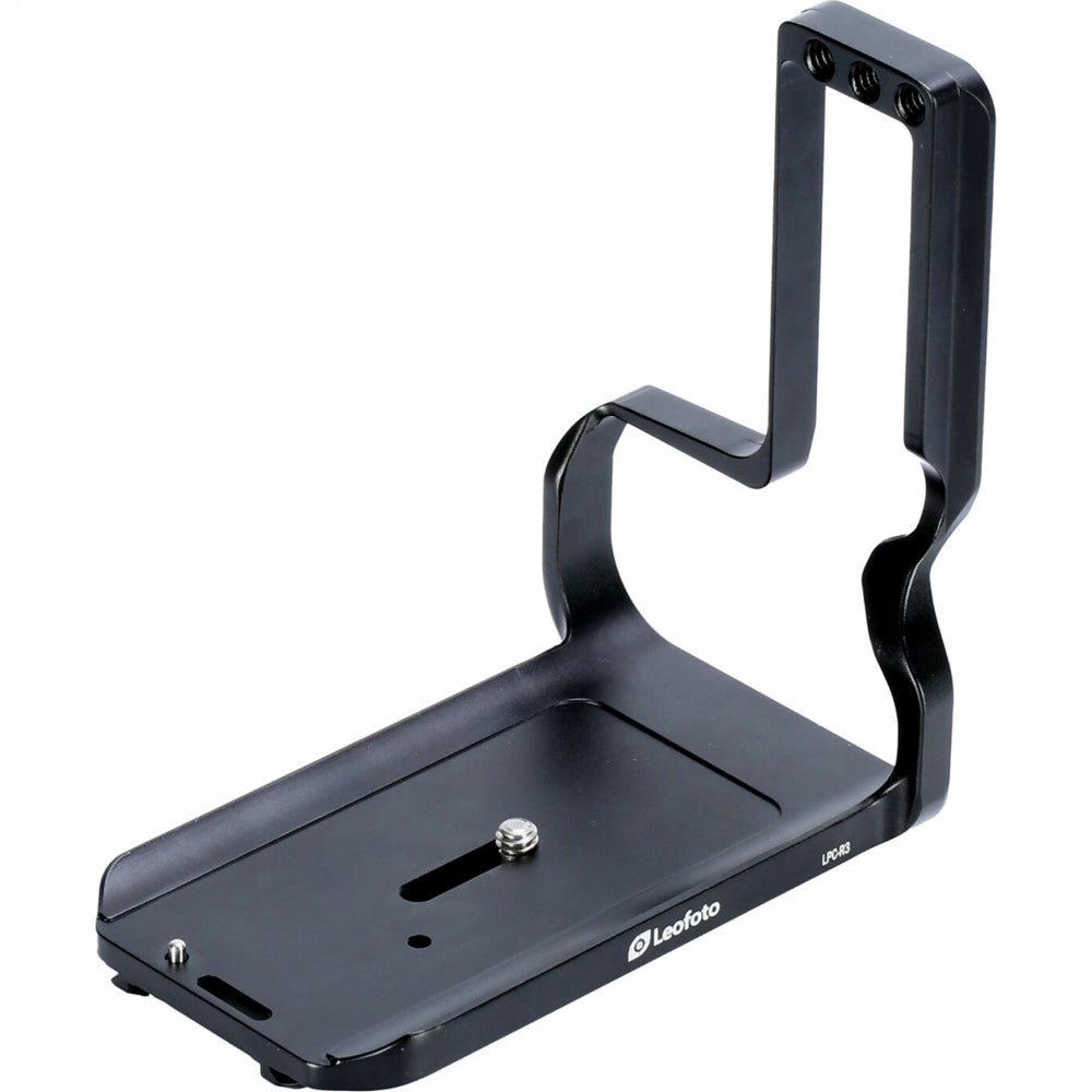 Black L-bracket with vertical mounting arm and horizontal base plate shown from angled side view against white background.