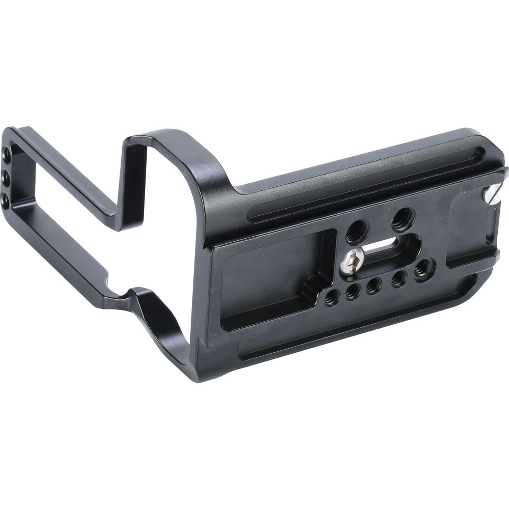 Black L-bracket with vertical and horizontal mounting plates, showing adjustment knobs and multiple threaded holes, viewed from a three-quarter angle against white background.