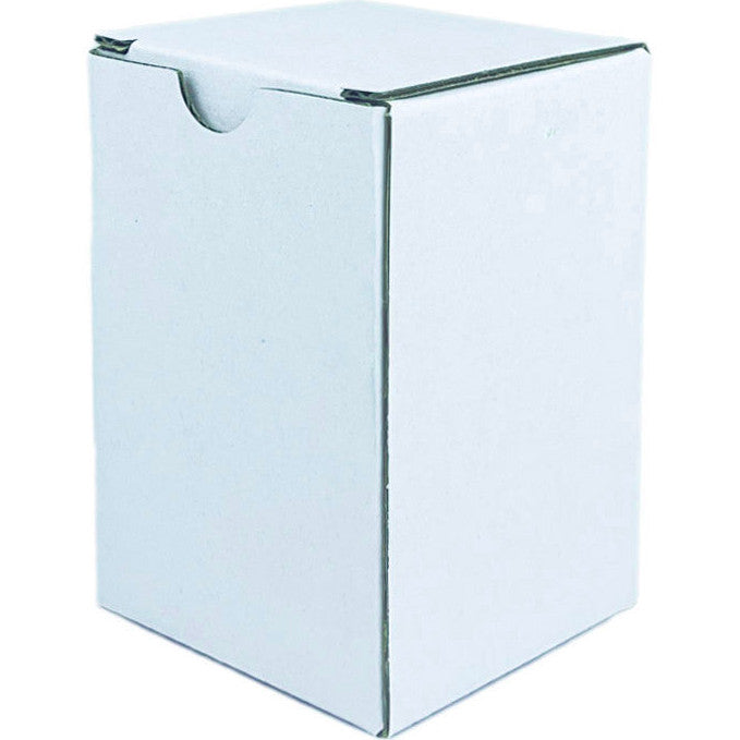 White cube-shaped cardboard box with lid and front opening slot, shown at three-quarter angle against white background.