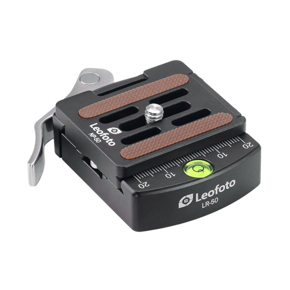 Leofoto LR-50 quick release clamp with ball head attachment, shown from above at an angle, displaying the textured grip surfaces, bubble level, and measurement scale on the base.