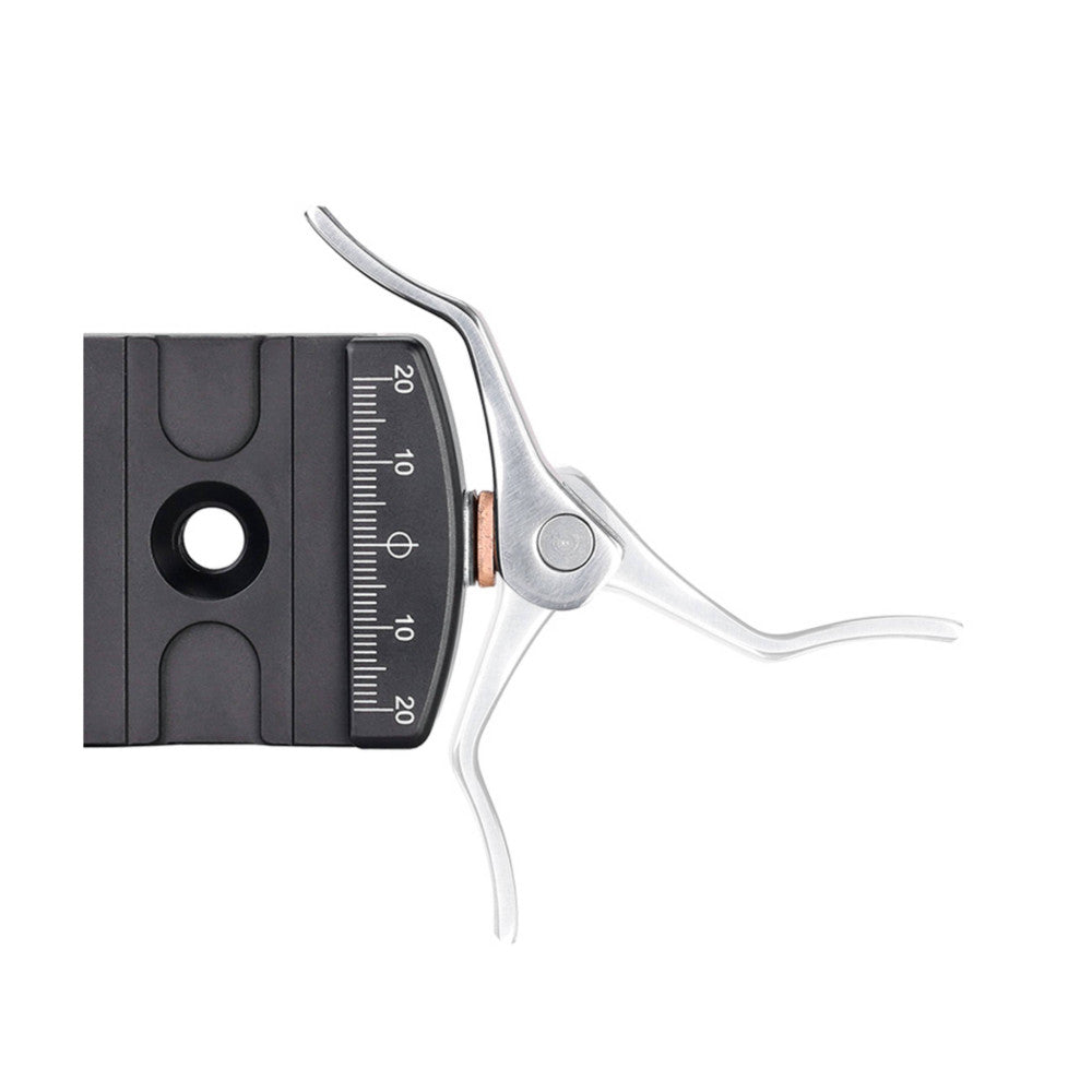 Side view of a ball head tripod mount with integrated leveling base and quick-release lever clamp mechanism against white background.