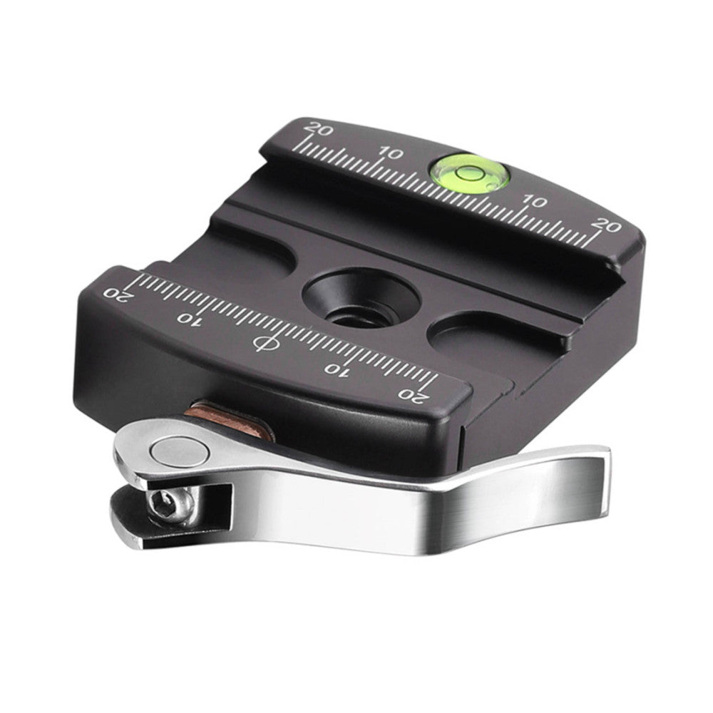Black ball head with integrated spirit level and ruler markings, shown with silver quick-release clamp base in angled product view.