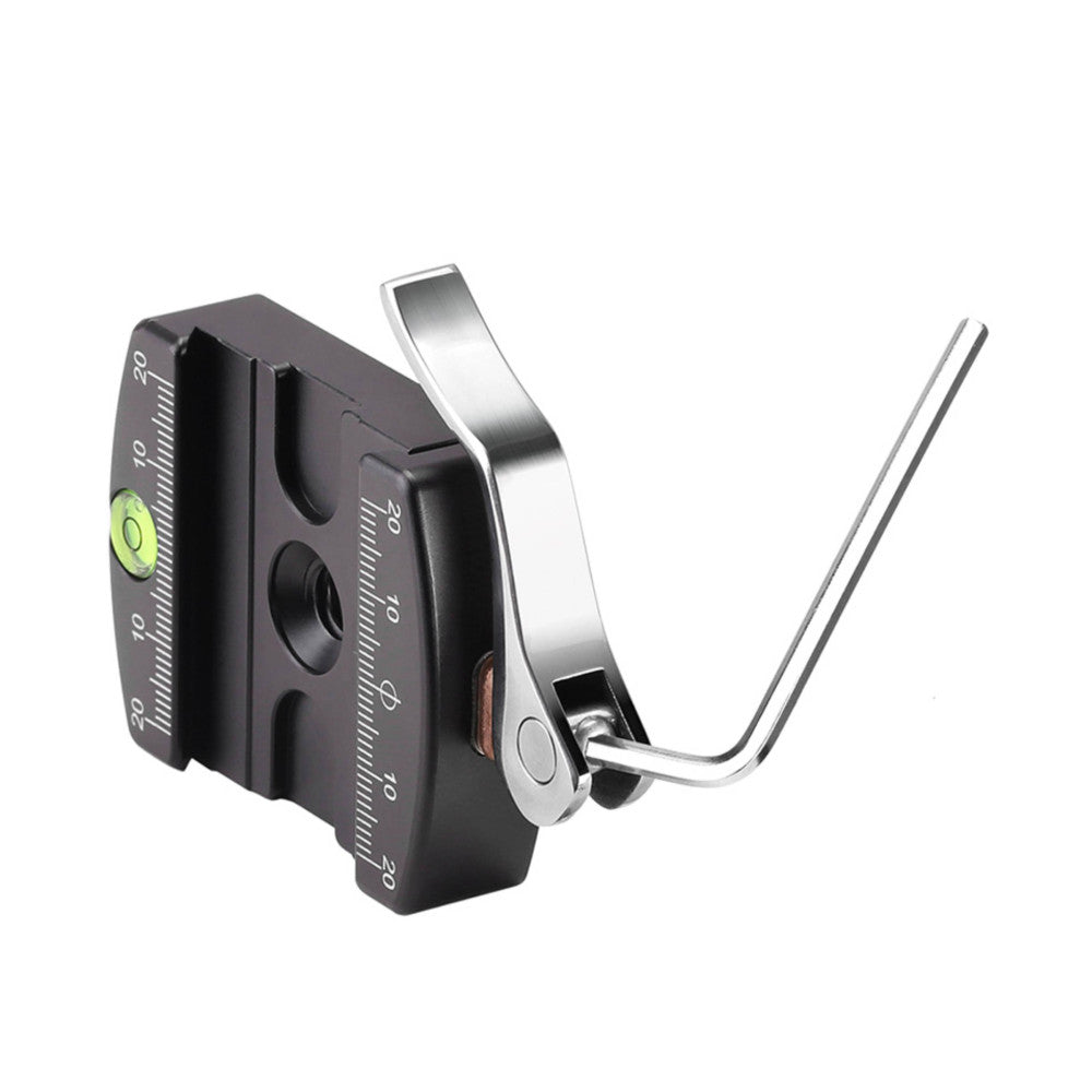 Black and silver ball head with measurement markings, mounted lever clamp, and green bubble level, shown at three-quarter angle against white background.