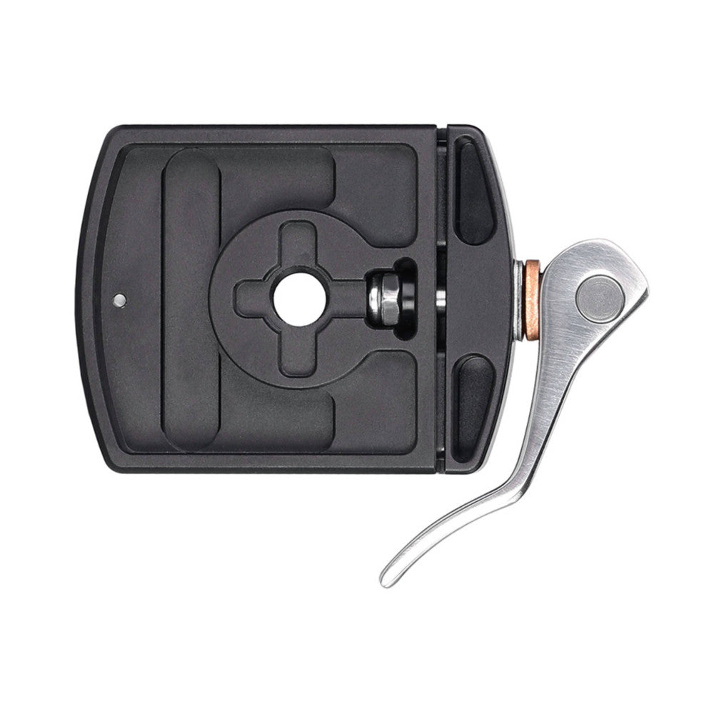 Top-down view of a black ball head with silver lever clamp and copper-colored accent ring, showing the mounting plate and quick-release mechanism from above.