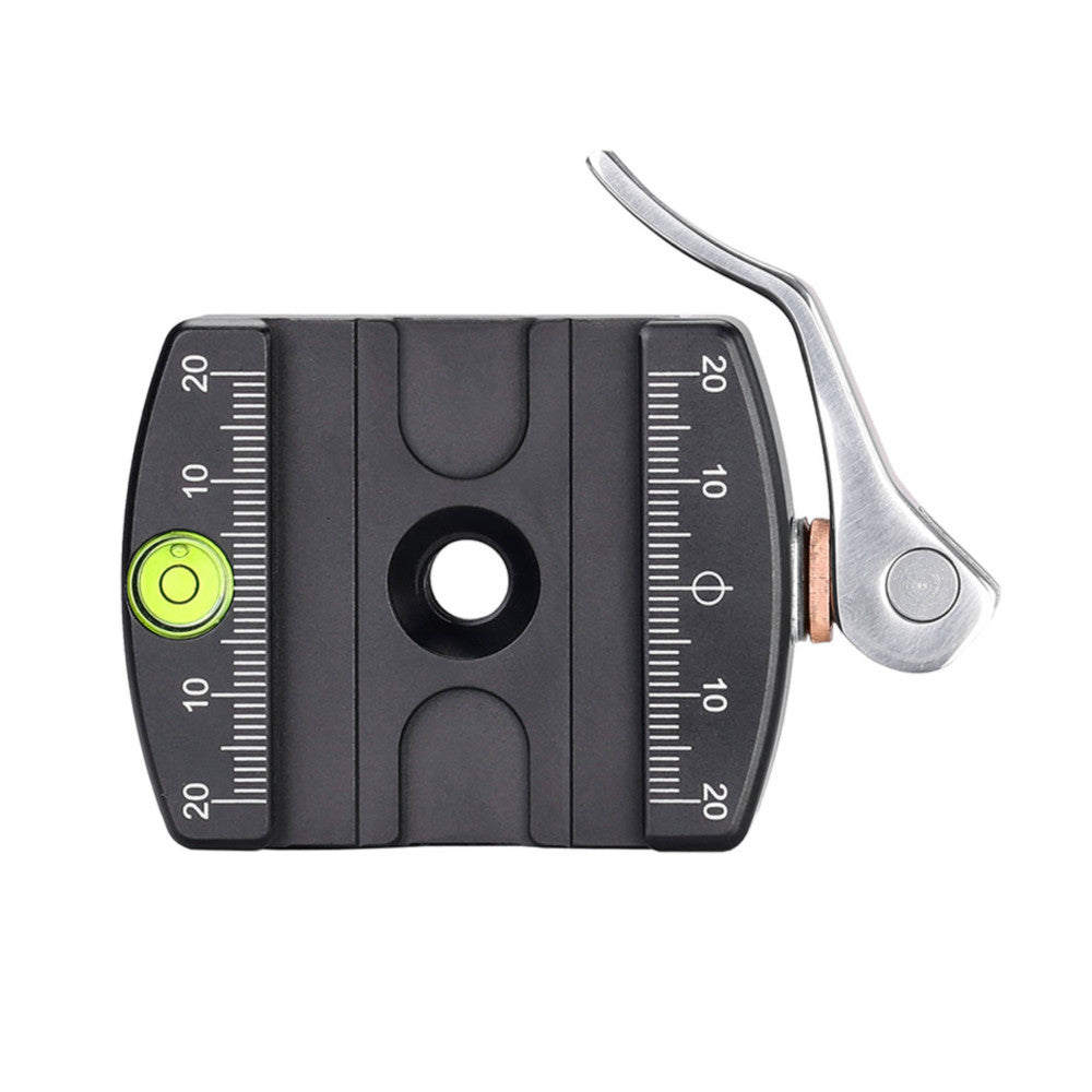 Top-down view of a black ball head with dual bubble levels, central knob, and attached silver lever clamp with quick-release plate.