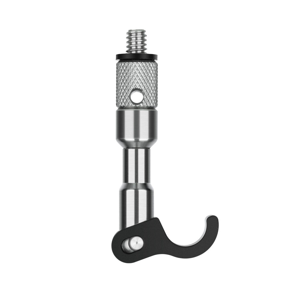 Metal tripod weight hook with knurled grip collar and black curved handle, shown against white background.