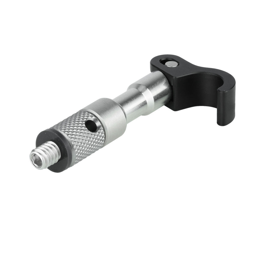 Isometric view of a silver and black tripod weight hook with textured grip handle and mounting bracket against white background.