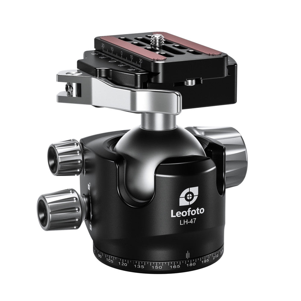 Leofoto LH-47 ball head shown from side angle with quick-release plate mounted on top and pan-tilt adjustment knobs visible on sides.