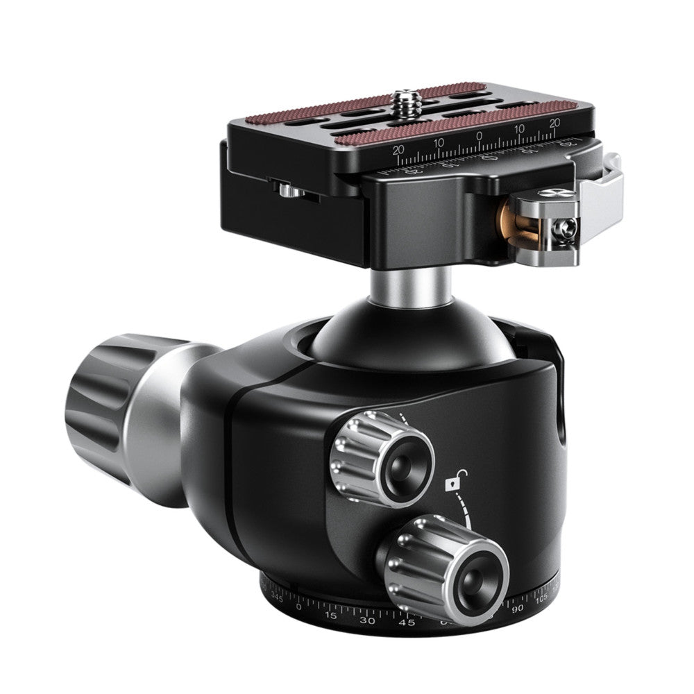 Black ball head tripod mount with dual control knobs, mounted plate on top with measuring scale, shown in three-quarter view against white background.