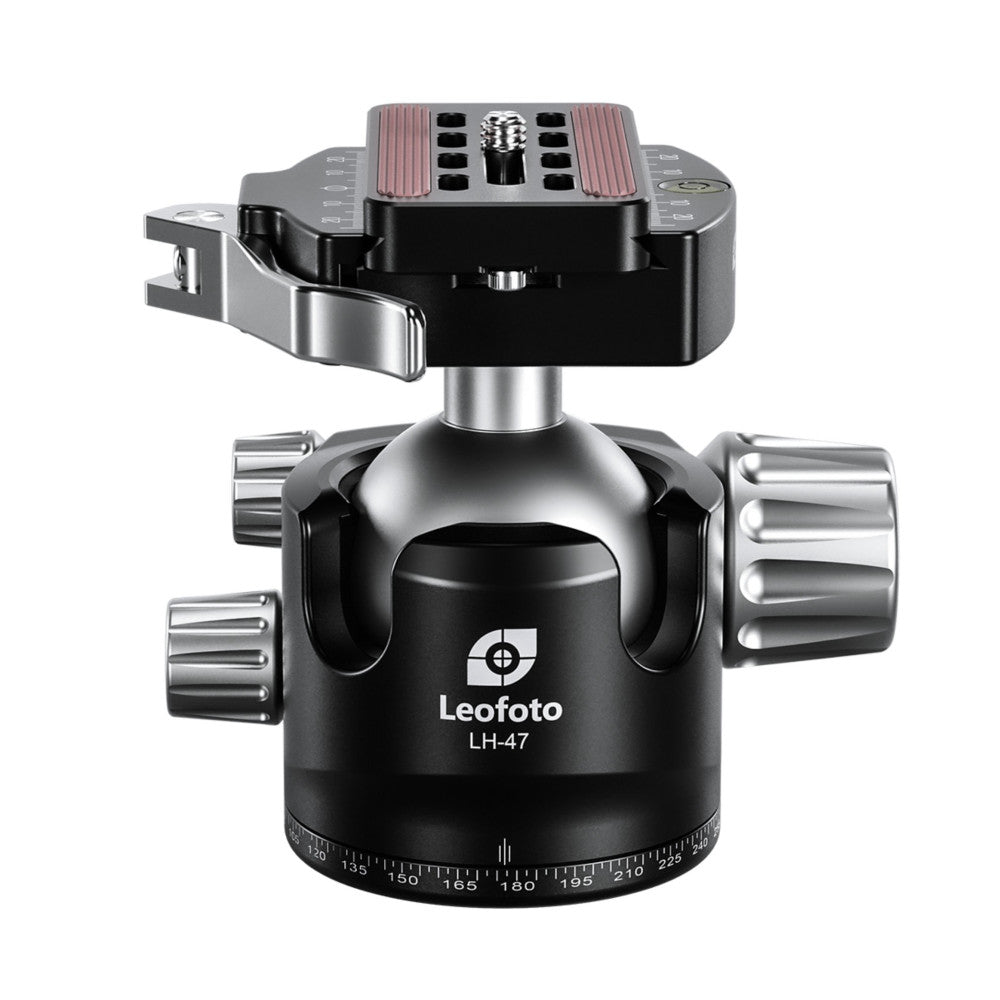 Leofoto LH-47 ball head shown from front-angled view with quick-release clamp mounted on top and adjustment knobs on sides.