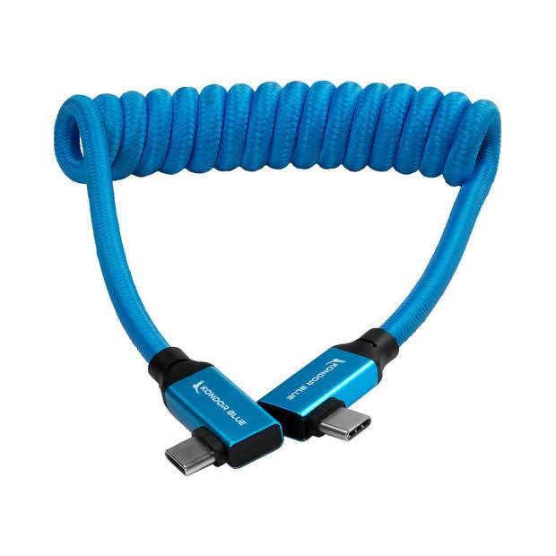 Kondor Blue Coiled USB-C Right Angle Braided Cable - 30-60cm - Blue