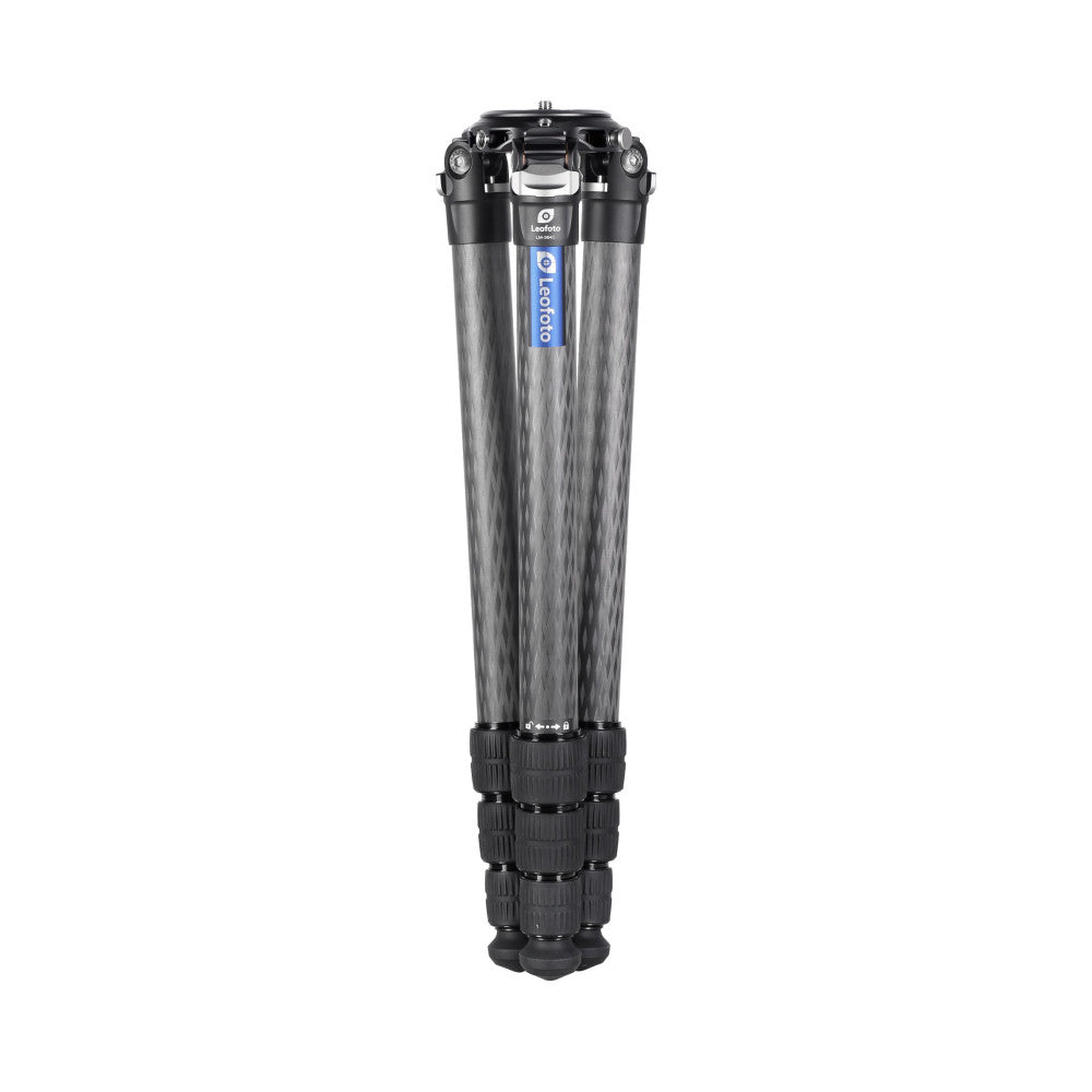 Leofoto LM-404C carbon fiber tripod shown fully extended against white background, front view displaying gray wood-grain finish and black leg sections.