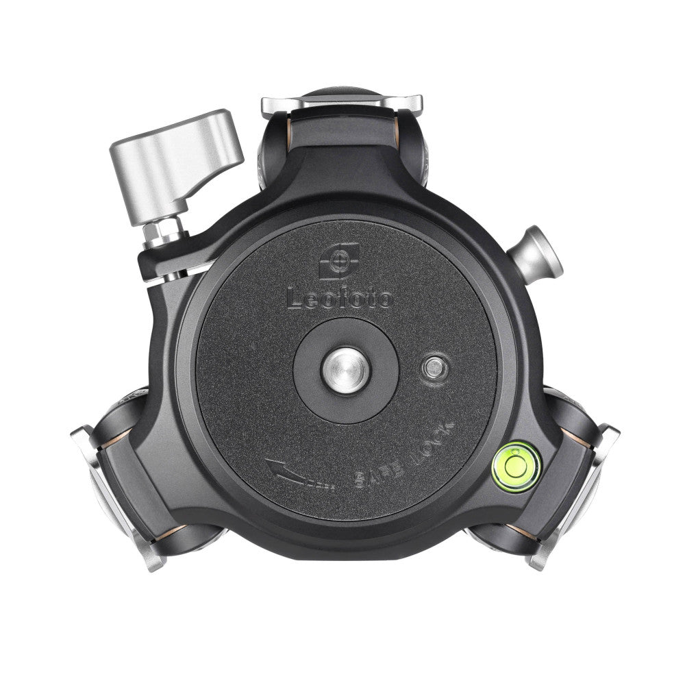 Top-down view of a black Leofoto tripod ball head with silver metal components, showing the central locking knob and adjustment handles.