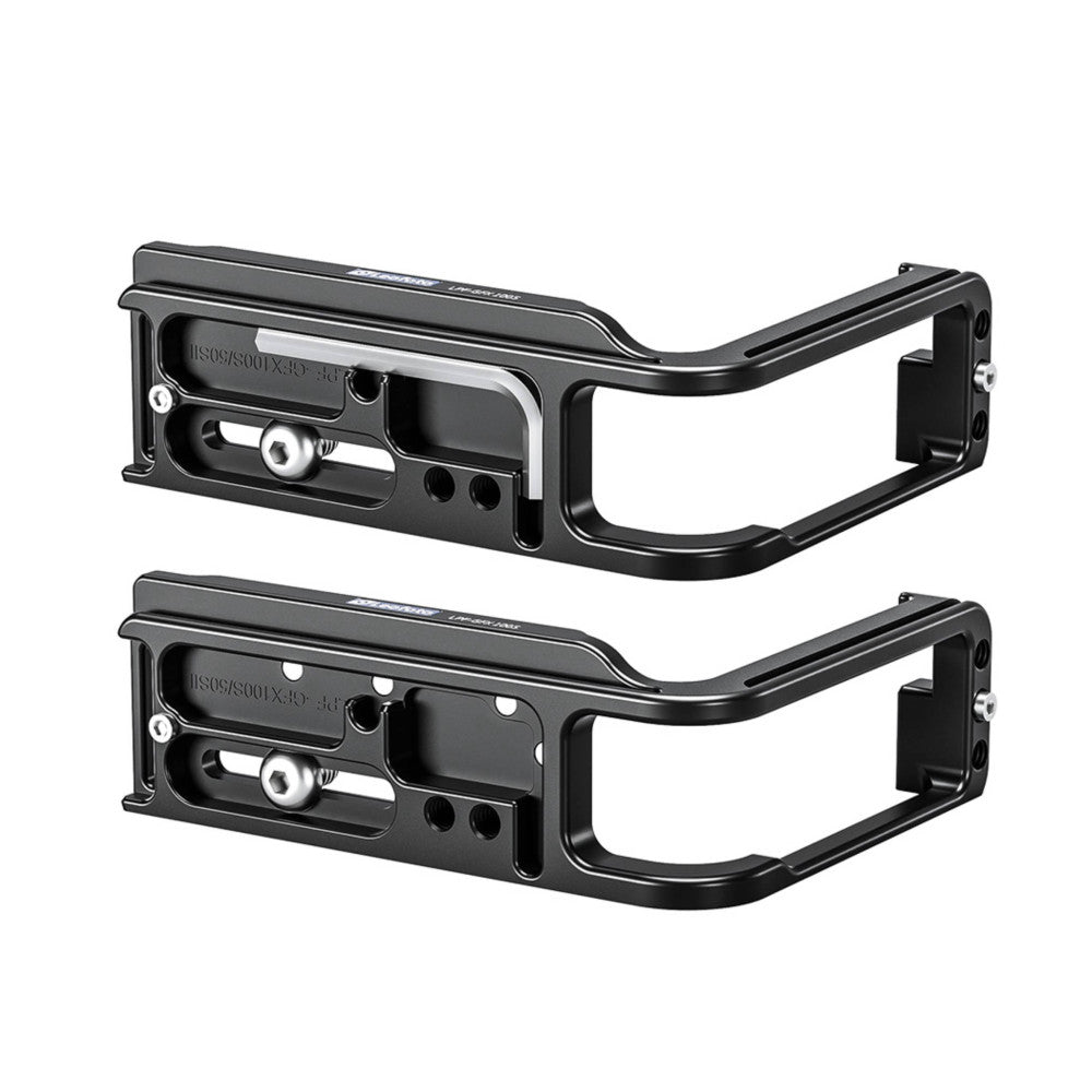 Two black metal L-brackets shown from the side angle, displaying the mounting plate, grip handle, and adjustment mechanisms.